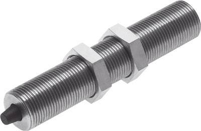 Ein zylindrischer, metallischer Sensor mit Gewinde und zwei Befestigungsmuttern zeigt das Design eines Näherungsschalters.