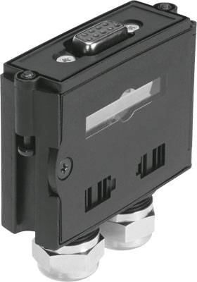 Schwarzer elektronischer Bauteil mit zwei Anschlüssen und einem DB9-Stecker oben. Verwendet für industrielle Automatisierung.