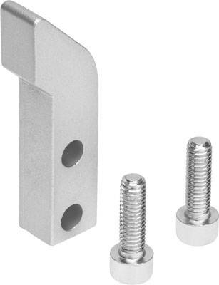 Silbernes Metallteil mit zwei Löchern, begleitet von zwei silbernen Schrauben.