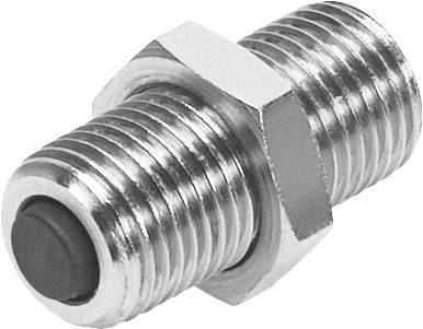 Ein kurzer Metalladapter mit Außengewinde an beiden Enden, üblicherweise für Kabelverbindungen verwendet.