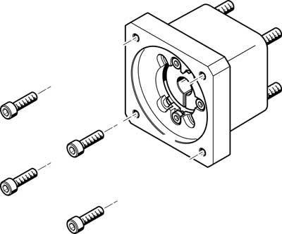 Explosionszeichnung eines mechanischen Teils mit fünf Schrauben, die zur Montage positioniert sind. Das Teil hat eine zylindrische Form.