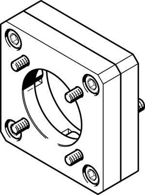 Technische Zeichnung eines quadratischen Metallflansches mit zentralem Loch und sechs symmetrisch angeordneten Schraubenlöchern.