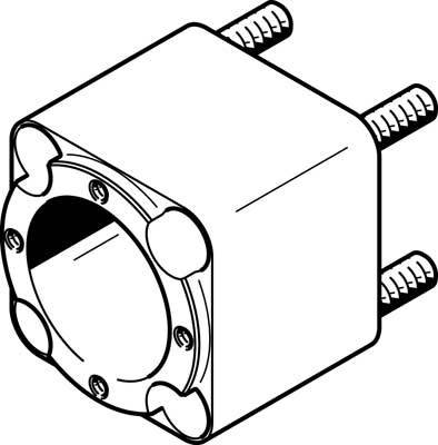 Technische Zeichnung eines quadratischen Zylinderblocks mit vier Schrauben, die aus jeder Ecke herausragen.