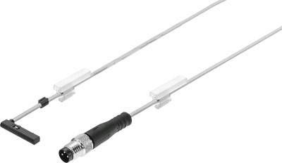Zwei lange, silberne Sensorleitungen mit einem schwarzen und silbernen Stecker an einem Ende und weißen Halterungen zur Befestigung.
