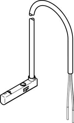 Zeichnung eines standardisierten Aufbaugeräts oder Bauteils. Hauptbestandteile sind ein gebogenes Rohr und ein Sockel mit Anschlüssen.