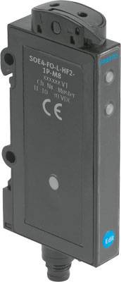 Ein schwarzer elektrischer Sensor von Festo mit blauer Beschriftung, kennzeichnete Modellspezifikationen und CE-Symbol, für industrielle Anwendungen.