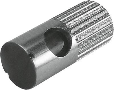 Metallischer Zylinder mit Rillen und Loch in der Mitte, vermutlich Teil eines mechanischen Geräts oder Werkzeugs.