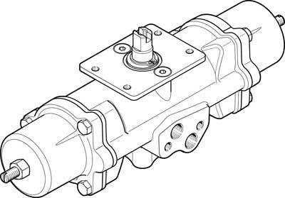 Technische Zeichnung eines mechanischen Teils, vermutlich ein zylindrischer Aktuator mit Montageplatte und Befestigungsschrauben.