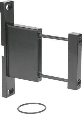 Schwarzes Metall-Riegelschloss mit rechteckiger Form, bestehend aus einer festen und einer beweglichen Komponente, sowie einem O-Ring.