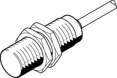 Schwarz-weiß Zeichnung eines zylindrischen Sensors mit Gewinde an einem Ende und Anschlusskabel am anderen.