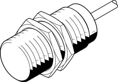 Elektronischer Sensor mit Gewinde und Kabelanschluss, seitliche Ansicht, hauptsächlich in Diagrammen oder technischen Zeichnungen verwendet.