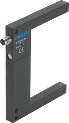 Ein U-förmiger Sensor von Festo, schwarz, mit silbernem Anschluss oben. Modellnummer und CE-Kennzeichnung sind sichtbar.