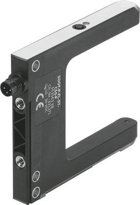 Ein U-förmiger Sensor mit CE-Kennzeichnung und Anschlussstecker ist abgebildet. Auf dem Sensor sind technische Spezifikationen zu erkennen.
