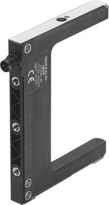 Ein schwarzer Gabellichtschranken-Sensor mit vier sichtbaren Befestigungsschrauben und einem Kabelanschluss an der Oberseite.