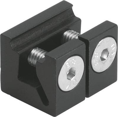 Ein schwarzer Metallklemmbeschlag mit zwei silbernen Schrauben, die in die Halterung eingesetzt sind, zur Befestigung von Bauteilen.