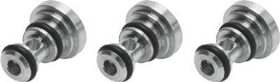 Drei silberne Metallventile mit schwarzen Dichtungen, jeweils mit mehreren Ringen und Schichten. Sie sind symmetrisch angeordnet.