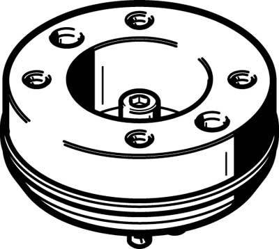 Ein schwarz-weißes technisches Diagramm eines runden Geräts mit Schrauben an der Oberseite und einem zentralen zylindrischen Element.