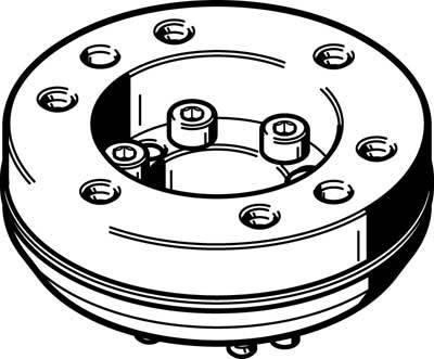 Technische Zeichnung eines runden mechanischen Teils mit mehreren Schraubenlöchern auf einer flachen, strukturierten Oberfläche.
