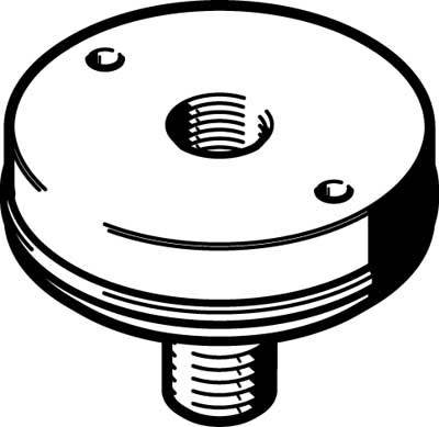 Eine technische Zeichnung eines runden Metallflanschs mit einer zentralen Gewindebohrung und zwei kleinen Schraubenlöchern.