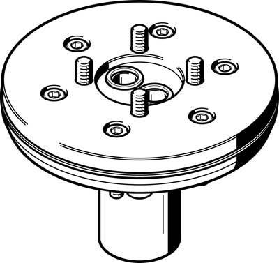 Illustration eines runden mechanischen Bauteils mit mehreren Schrauben und einer zentralen Öffnung, wahrscheinlich ein Montageflansch.