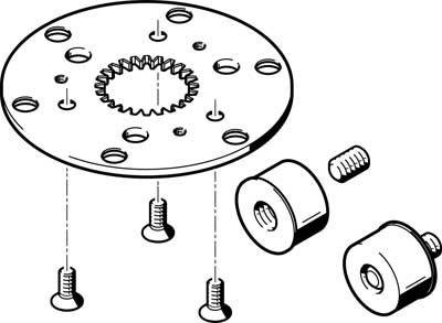 Diagramm einer runden Montageplatte mit Schrauben und Distanzstücken, die beliebig angeordnet sind. Zeigt Montageanleitung.