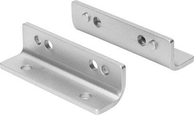 Zwei silberne Metallwinkel in L-Form mit Bohrlöchern, für Befestigungszwecke geeignet.