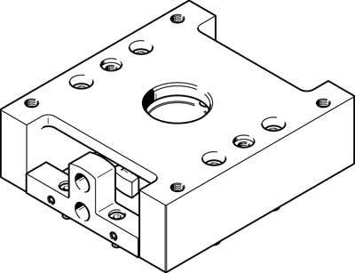 Technische Zeichnung eines mechanischen Teils mit Bohrlöchern und einem zentralen Ausschnitt, vermutlich ein Montageblock oder Adapter.