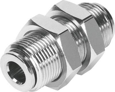 Metallischer Rohrverbinder mit Gewinden an beiden Enden, zur Verwendung in hydraulischen oder pneumatischen Systemen.