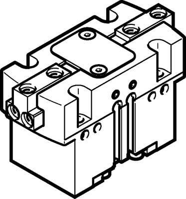 Schwarz-weiß technische Zeichnung eines mechanischen Bauteils mit Schrauben und Anschlüssen, möglicherweise ein Elektroteil.