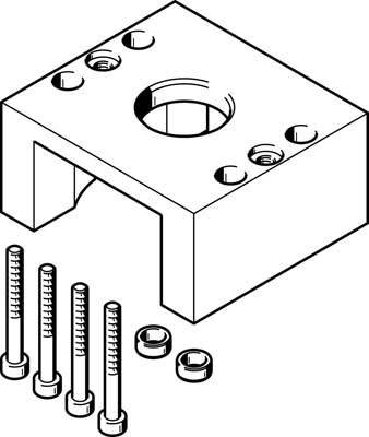 Eine technische Zeichnung zeigt einen rechteckigen Metallblock mit einem großen zentralen Loch, mehreren Schrauben und Muttern.