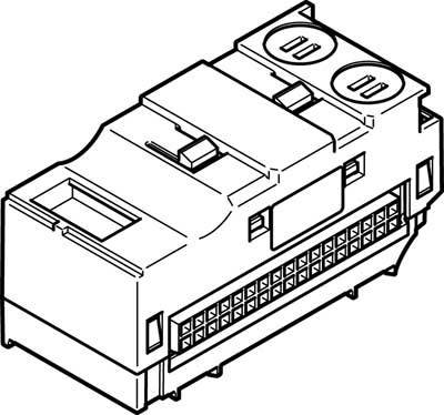 Schwarz-weiß-Skizze eines elektronischen Steckverbinders mit mehreren Pins und zwei kreisförmigen Steckdosenanschlüssen oben.