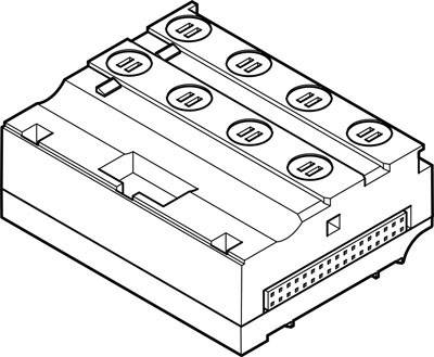 Technische Zeichnung eines elektronischen Bauteils mit mehreren Anschlüssen und kreisförmigen Öffnungen oben, vermutlich eine Steckverbindung.