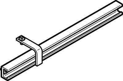 Eine technische Zeichnung eines rechteckigen Metallprofils mit einer Klemme, die am Profil befestigt ist.