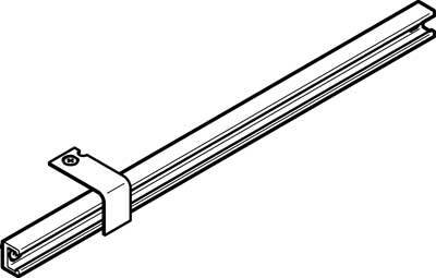 Eine technische Zeichnung zeigt eine lange, schmale Schiene mit einer Halterung, die darauf befestigt ist, um etwas zu fixieren.