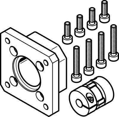 Montageanleitung für ein mechanisches Bauteil mit Flansch, Kupplung und acht Schrauben.