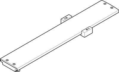 Bauplan einer rechteckigen Metallplatte mit Befestigungselementen an beiden Enden, eine schematische Darstellung.
