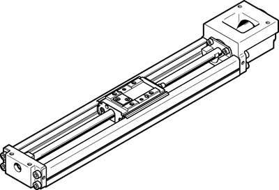 Schwarz-Weiß-Diagramm eines linearen Bewegungssystems mit langer rechteckiger Basis und Führungsschienen.