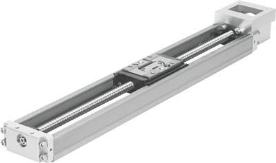 Ein Linearaktuator aus Metall mit Schlitten, der sich auf einer Führungsschiene entlang eines Gewindespindelsystems bewegt.