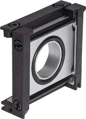 Schwarz-graues metallisches mechanisches Teil mit quadratischem Rahmen und rundem zentralem Loch, verwendet zur Unterstützung von Drehelementen.
