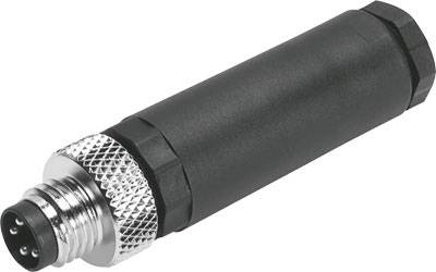 Ein schwarzer elektrischer Stecker mit Metallgewinde und vier Pins, geeignet zur Verbindung von Kabeln oder Geräten.