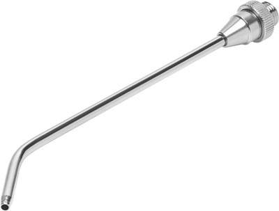 Ein silbernes Metallrohr mit einem gebogenen Ende und Gewinde. Es könnte Teil eines technischen Geräts oder Werkzeugs sein.