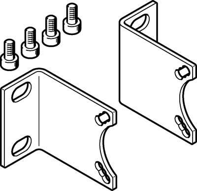 Zwei Metallwinkel mit Schrauben, dargestellt in einer technischen Zeichnung. Eignen sich zum Befestigen von Bauteilen.