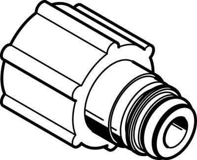 Schwarz-weiß Zeichnung eines zylindrischen Teils mit Rillen und Gewinde, möglicherweise ein Adapter oder eine Kupplung für Rohrsysteme.