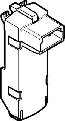 Schwarz-weiß Zeichnung eines rechteckigen technischen Bauteils mit mehreren Ebenen und Kanten. Details zeigen Befestigungsöffnungen.