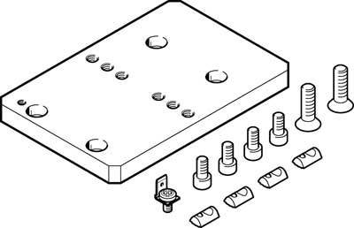 Illustration eines Montagekits: rechteckige Platte mit Löchern, sieben Schrauben, ein Erdungsring, sechs Befestigungsklemmen.