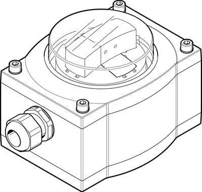 Technische Zeichnung eines rechteckigen Bauteils mit zylindrischem Aufsatz und Kabelanschluss.