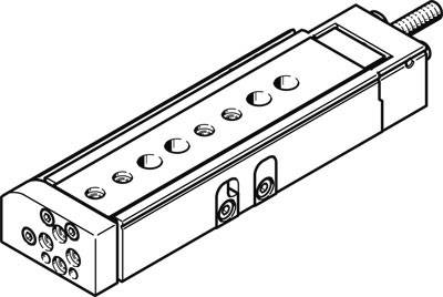 Strichzeichnung eines mechanischen Linearantriebs mit mehreren Montagelöchern und einem elektrischen Anschluss auf der rechten Seite.