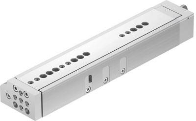 Ein rechteckiger pneumatischer Zylinder mit mehreren Anschlüssen und Montageöffnungen auf der Oberseite, für industrielle Anwendungen.