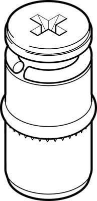 Illustration eines Behälters mit einem speziellen Verschluss und einem auffälligen Logo auf dem Deckel.