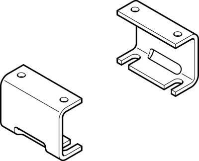 Zwei schematische Darstellungen von Metallklammern; eine zeigt die Vorderseite, die andere die Rückseite, mit Befestigungslöchern.